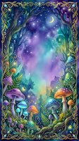 Enchanted forest night scene with glowing mushrooms, magical trees, and starry sky with crescent moon, framed by ornate golden border with botanical elements.