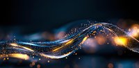 Magical glowing wave with sparkles and light particles flowing on dark background, abstract golden and blue luminous motion effect.