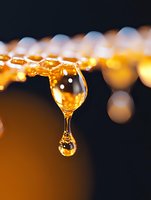 Golden liquid drop suspended in mid-air with bokeh lights in background creates dramatic macro photography effect, highlighting surface tension and reflection.