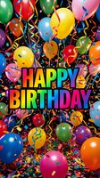 Colorful Happy Birthday greeting with balloons, confetti, and streamers on dark background, great for cards, banners, and party decorations.