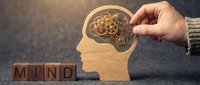 Wooden head silhouette with gears inside held by hand near mind blocks, representing mental processes, creativity, and cognitive development for business and psychology concepts.