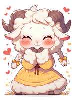 Adorable cartoon sheep character in yellow dress with fluffy wool and rosy cheeks, surrounded by floating hearts and bows. Kawaii style illustration for children's design.