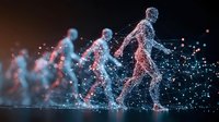 Glowing digital figures in motion created from connected light dots and lines show evolution of human movement against dark background, futuristic network concept.