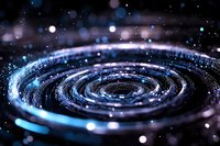 Glowing spiral galaxy formation with bright blue light trails and bokeh particles against dark space background, cosmic energy visualization concept.