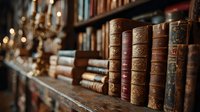 Antique leather-bound books arranged on wooden library shelves with warm candlelight creating atmospheric scholarly ambiance for academic research projects.