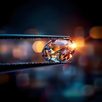 Brilliant cut diamond held in tweezers against dark background with golden bokeh lights, showcasing luxury jewelry craftsmanship and precious stone detail.