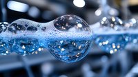 Clear water bubble floating with sparkling droplets and bokeh lights creating magical aquatic atmosphere for wellness and purity concepts.