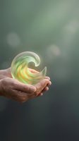 Hands holding glowing green energy spiral wave with magical light effects on blurred natural background for wellness and spiritual healing concepts.