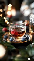 Crystal glass teacup with amber tea, fresh berries and festive bokeh lights creating warm holiday atmosphere for seasonal celebrations and cozy moments.