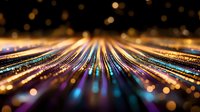 Colorful light trails creating dynamic motion effect against dark background with bokeh circles, radiating from center in perspective view for abstract designs.