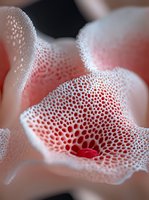 Extreme macro photography of pink mushroom gills showing delicate honeycomb pattern and porous texture in soft natural lighting, revealing intricate natural geometry.