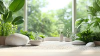 Minimalist zen garden arrangement with indoor plants, white pebbles, and decorative stones on windowsill against blurred natural background. Peaceful home decor setting.