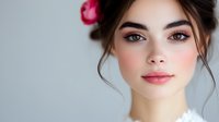 Young Caucasian woman with natural makeup and pink flower in hair against neutral background for beauty and skincare concepts.