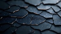 Dark cracked surface with irregular geometric patterns and subtle light reflections, creating dramatic texture and depth for abstract background designs.