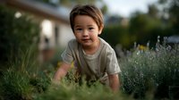 Young Asian child exploring garden with herbs and lavender plants during golden hour, showcasing curiosity and connection with nature.