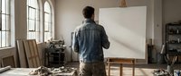 Male artist in denim shirt standing before blank canvas in sunlit studio workspace with easel and art supplies ready for creative painting session.