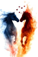 Romantic watercolor horses in blue and red facing each other with floating hearts, artistic silhouettes against abstract splash background. For valentines cards and love themes.