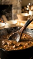 Wooden spoon stirring hot stew in cast iron pot with steam rising, warm kitchen setting with blurred tableware and ambient lighting for cooking and food preparation.