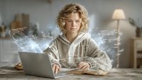 Young Caucasian woman with curly blonde hair working on laptop with digital overlay of formulas and data visualization in cozy home office environment.