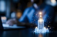 Glowing digital bottle visualization with network connections and light particles on dark background, representing smart technology and innovation in beverage industry.