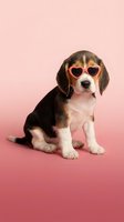 Adorable beagle puppy wearing pink heart-shaped sunglasses sitting on gradient pink background for Valentine's Day marketing and pet fashion campaigns.