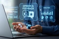 Business professional displaying digital feedback and analytics interface with opinion ratings, charts and data visualization icons floating above hands.