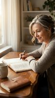 Mature Caucasian woman writing in journal at wooden desk by window in cozy home office with warm natural lighting and bookshelves in background.