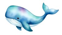 Watercolor blue whale illustration isolated on white background for marine themed designs, children's books, and educational materials.