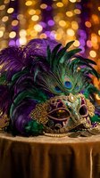 Ornate Venetian carnival mask with purple and green feathers, peacock plume and golden details against warm bokeh lights for festive celebrations.