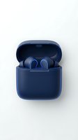 Pair of navy wireless earbuds with charging case isolated on white background, ready for product design, marketing materials, and technology presentations.