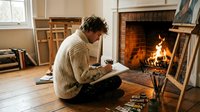Young woman artist in cozy sweater painting on canvas while sitting by warm fireplace in rustic home studio with wooden easel and art supplies.