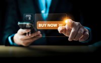 Businessman touching buy now button on digital interface for online shopping and e-commerce transactions in modern business environment.