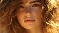 Young woman with freckles and natural wavy blonde hair illuminated by warm golden sunlight, close-up portrait showing radiant skin and serene expression.