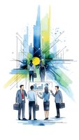 Business team analyzing data with abstract technology burst and geometric elements for corporate presentations and marketing materials.