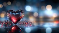 Red glass hearts floating above reflective surface with blurred bokeh lights background, romantic Valentine concept for greeting cards and love declarations.