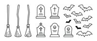 Halloween line art collection with witch brooms, tombstones and flying bats isolated on white background for spooky seasonal design projects.