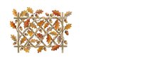 Autumn leaves in shades of gold, orange and red arranged on wooden lattice trellis against white background, isolated seasonal decoration for fall designs.