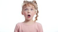 Young blonde girl with surprised expression and open mouth wearing pink shirt isolated on white background for design projects.