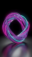 Glowing neon torus with intertwined magenta and cyan light tubes creating dynamic spiral motion against dark background. Suitable for tech, digital design, and modern graphics.