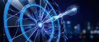 Glowing blue digital wheel with connected network lines and light particles on dark background, representing technology, innovation, and data connectivity.