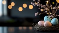Speckled Easter eggs in natural nest with spring cherry blossoms and soft bokeh lights creating magical holiday atmosphere. Perfect for seasonal celebrations.