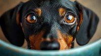 Close up portrait of dachshund puppy with bright amber eyes peering over edge of turquoise bowl, showing curious and playful expression against blurred background.
