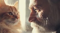 Senior Caucasian man with gray beard sharing tender moment with ginger cat near window, soft natural lighting creates warm atmospheric mood for pet companionship concept.