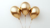 Three metallic gold balloons with strings floating against white background, isolated and ready for celebration designs, party invitations, greeting cards, and festive promotional materials.