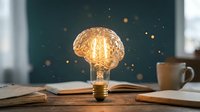 Vintage Edison bulb glowing warmly on wooden desk with open book and coffee cup, cozy reading atmosphere for creative workspace and study concepts.