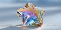 Iridescent glass star shape with rainbow reflections and transparent surface creating prismatic light effects on soft background for decorative design projects.