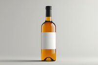 Amber wine bottle with blank white label on light gray background, minimalist product photography setup for branding and packaging design mockup.
