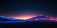 Glowing neon waves with blue and pink light trails against dark background create dynamic motion effect, suitable for technology and abstract design projects.