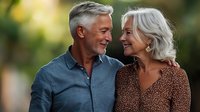 Senior couple sharing romantic moment outdoors, smiling and looking at each other with affection. Gray-haired man in blue shirt and woman in brown dress against blurred nature.