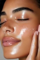 Close up of young African American woman with glowing hydrated skin, closed eyes, glossy lips and natural makeup showing skincare and beauty routine results.